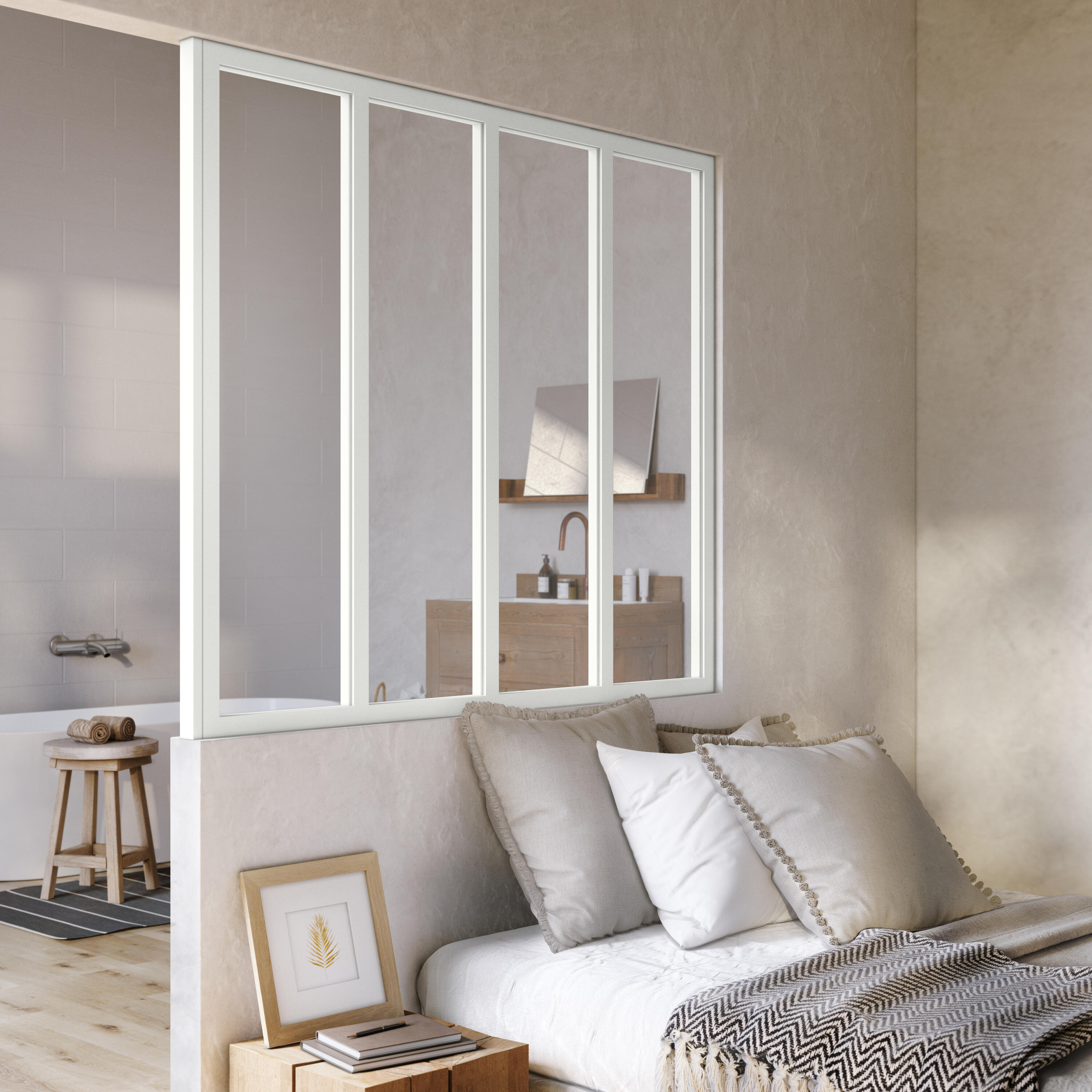 Verrière Atelier fixe en aluminium blanc mat 4 carreaux, H.130 x l.123 c - 9