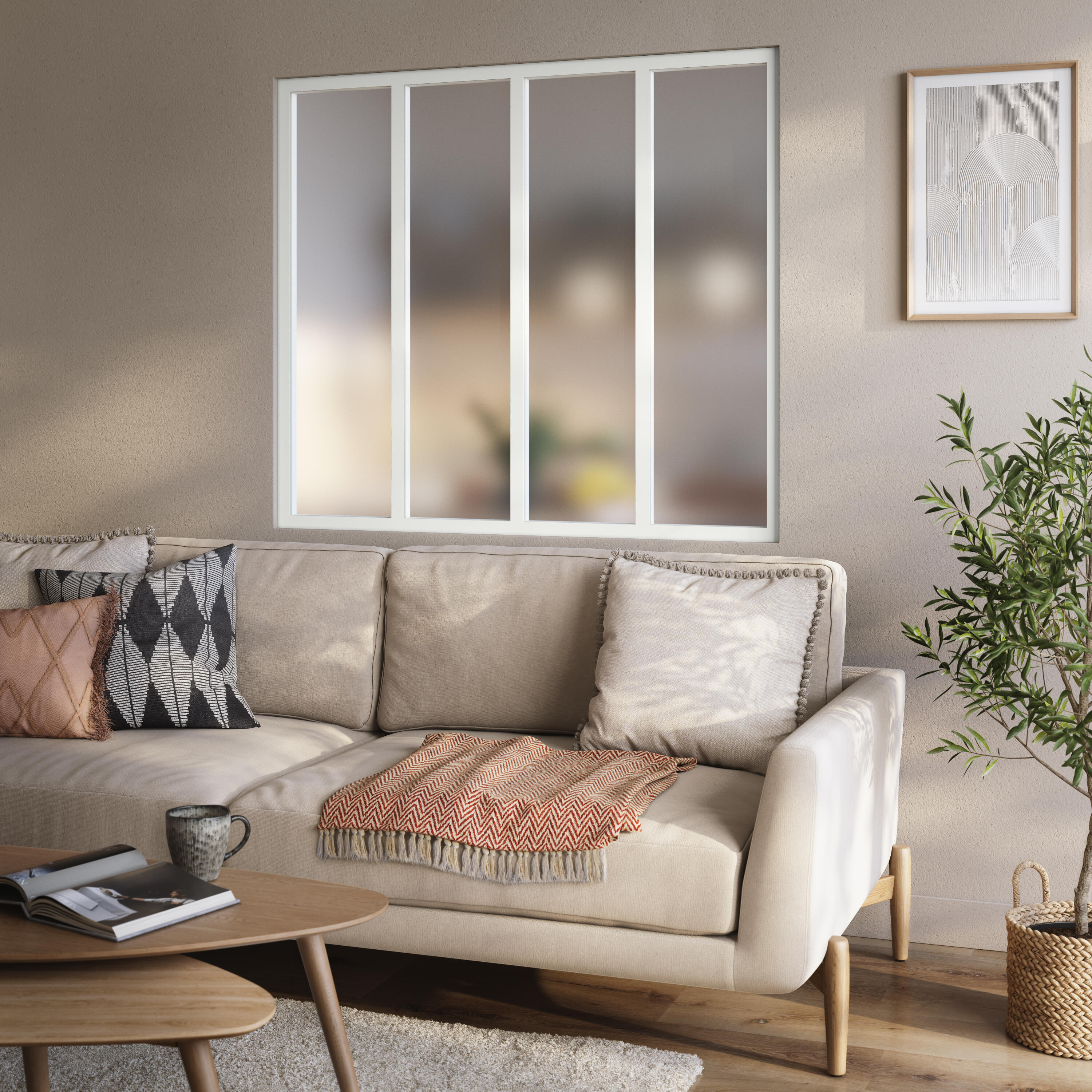 Verrière Atelier fixe en aluminium blanc mat 4 carreaux, H.108 x l.123 cm - 2