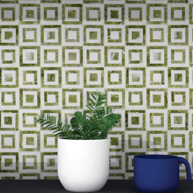 Mosaico in marmo Cubisme verde e bianco lucido L 30 x L 30cm x Sp. 7 mm