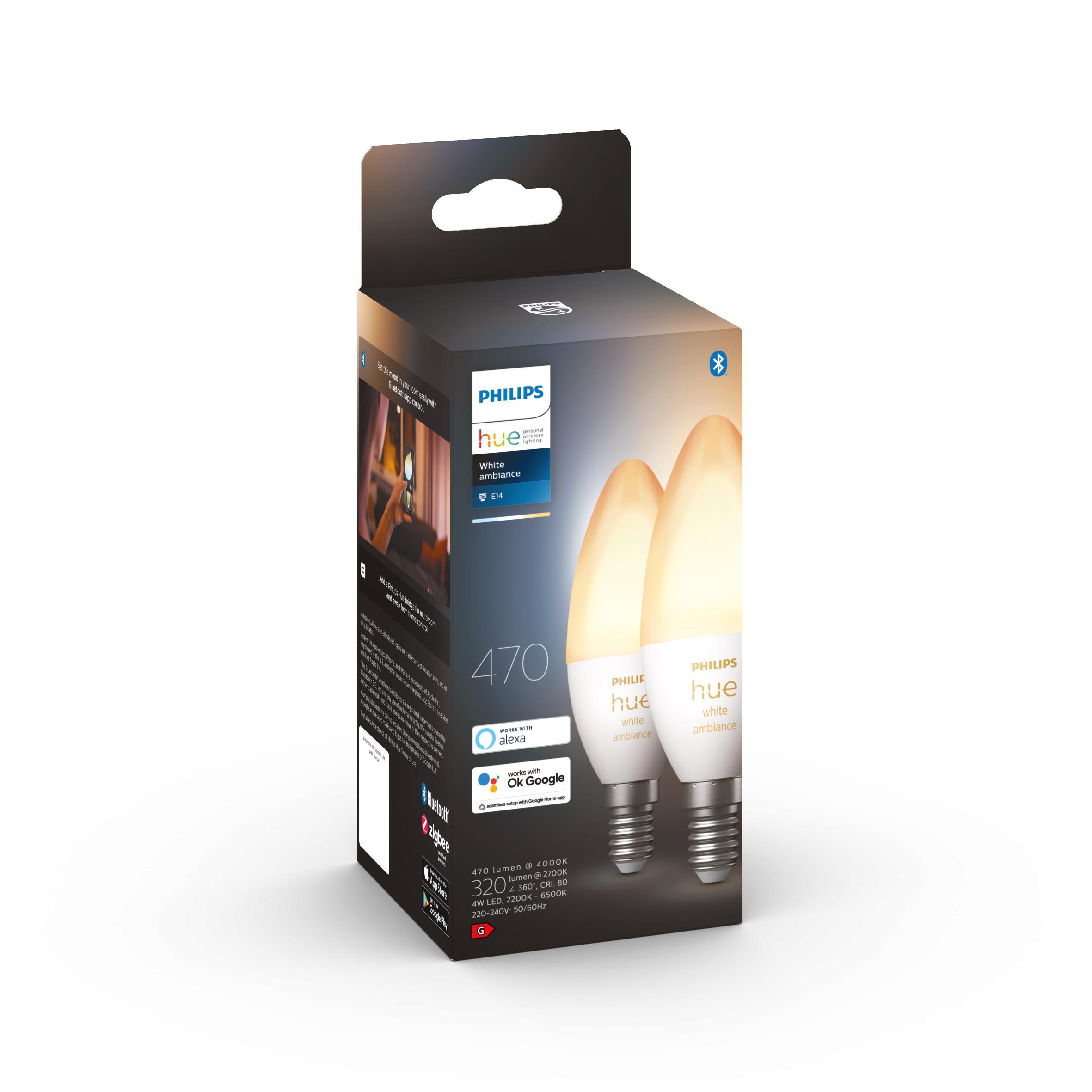 2 ampoules led connectées flamme E14, 470Lm, variation de blancs, PHILIPS HUE - 2