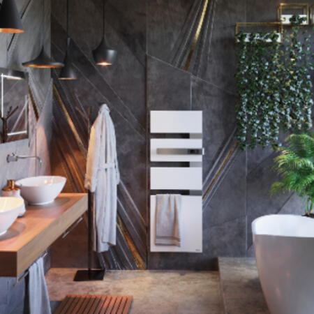 Le sèche-serviettes électrique SAUTER Alutu apporte une chaleur enveloppante immédiate et constante grâce à la technologie 3CS qui chauffe la salle de bains, chauffe et sèche les serviettes. - 4