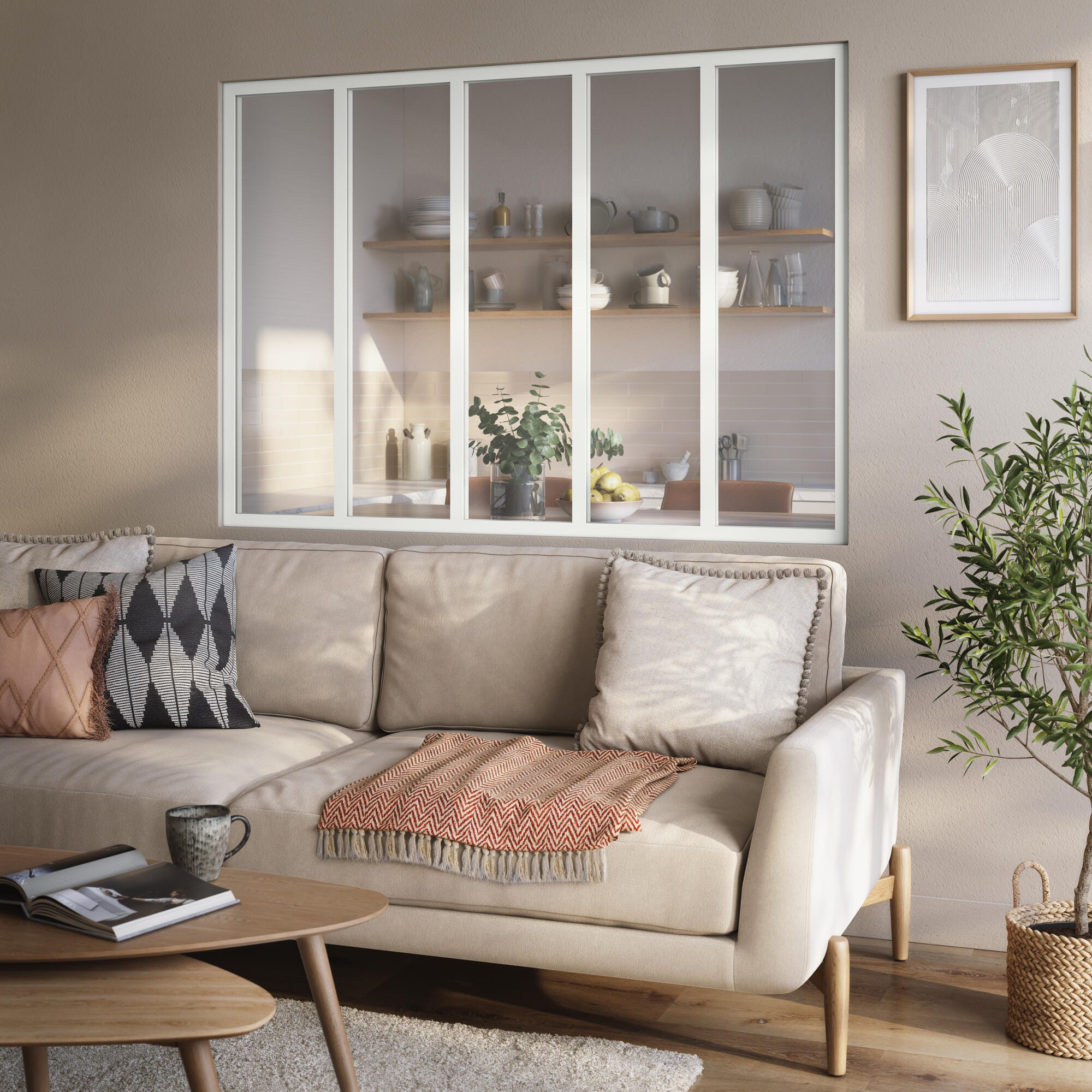 Verrière Atelier fixe en aluminium blanc mat carreaux, x l