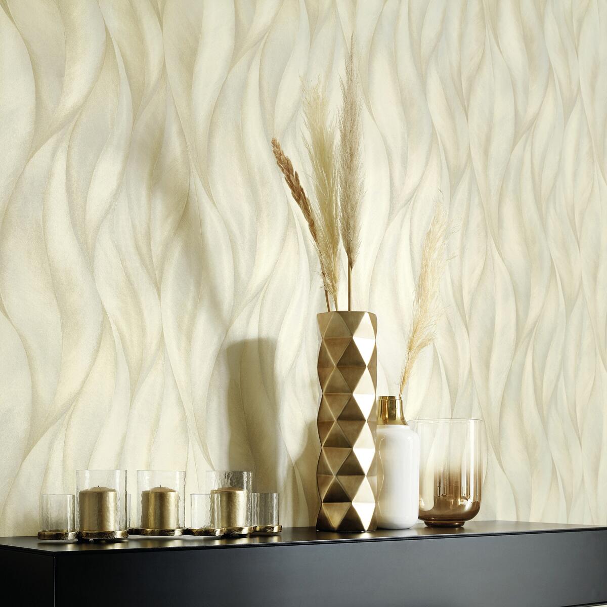 Carta da parati Foglie Aracea Gold Satin beige giallo / dorato, 53 cm x 10.05 m - 3