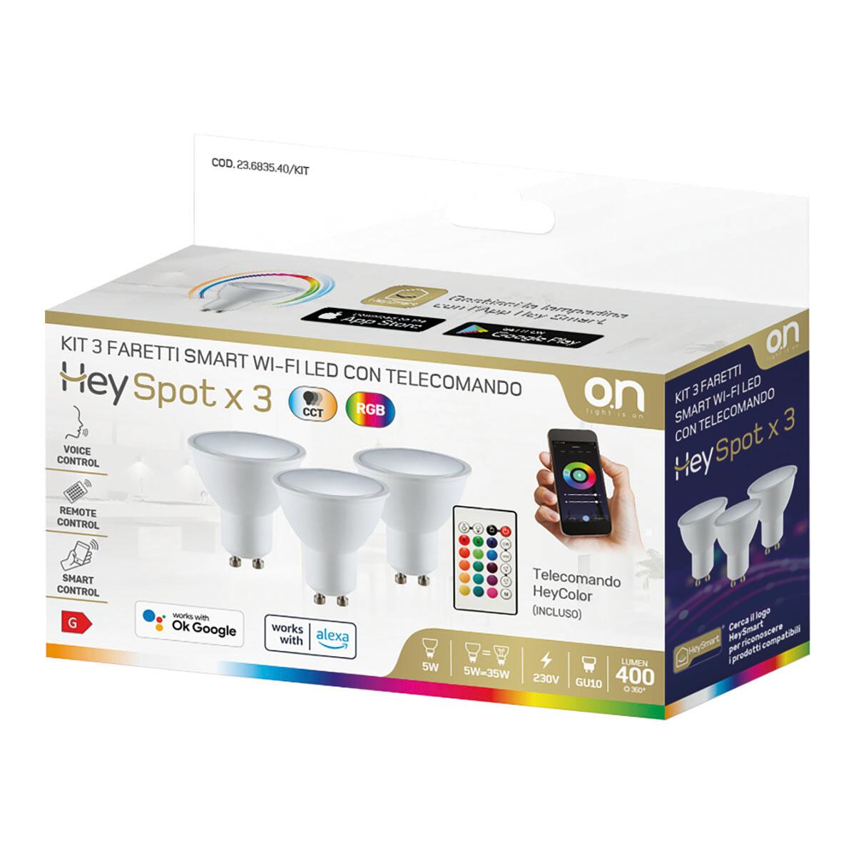 Set da 3 lampadine LED Hey Spot GU10 faretto opaco, luce CCT e RGB, 5W = 400 LM (equiv 35 W), 120° ON - 5