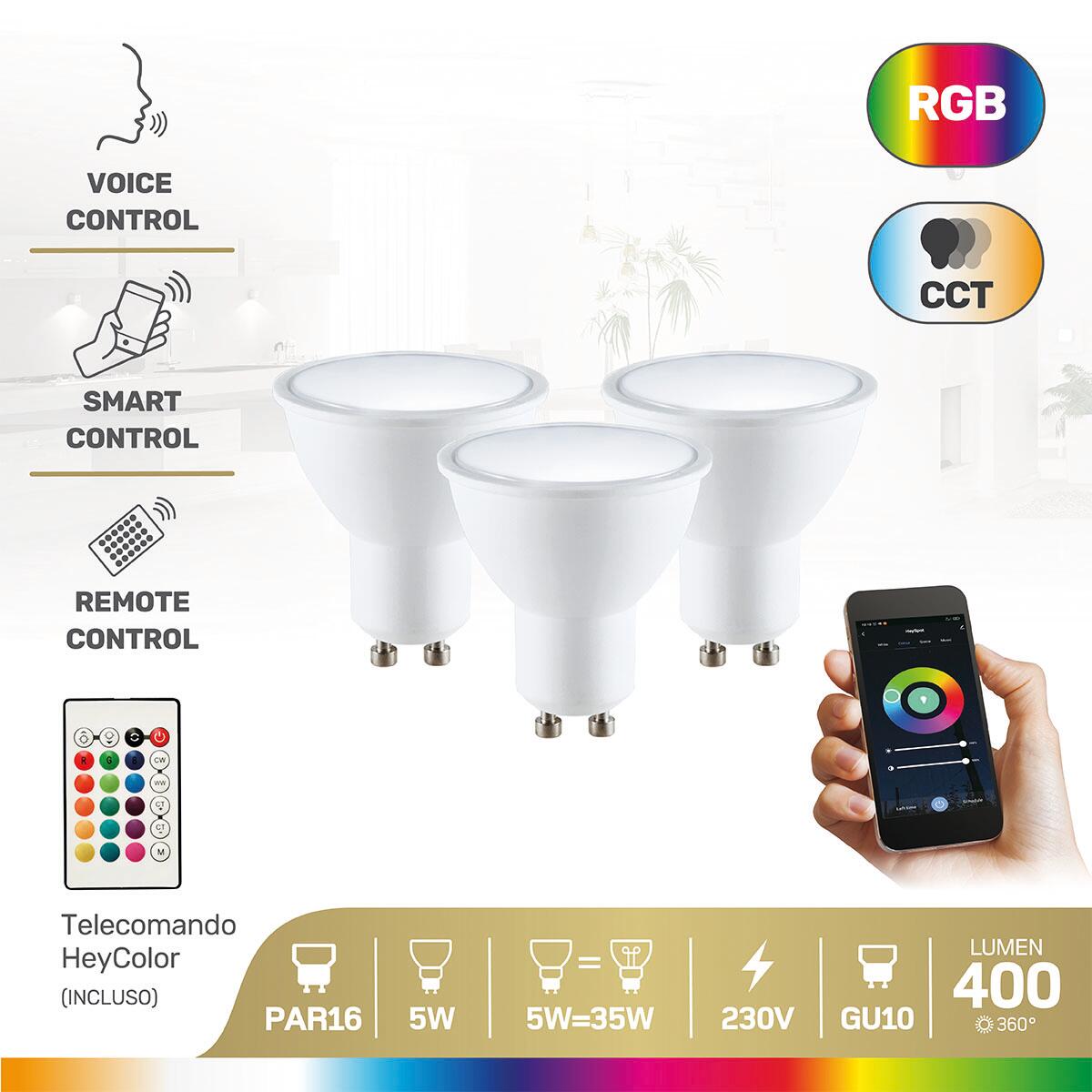 Set da 3 lampadine LED Hey Spot GU10 faretto opaco, luce CCT e RGB, 5W = 400 LM (equiv 35 W), 120° ON - 2