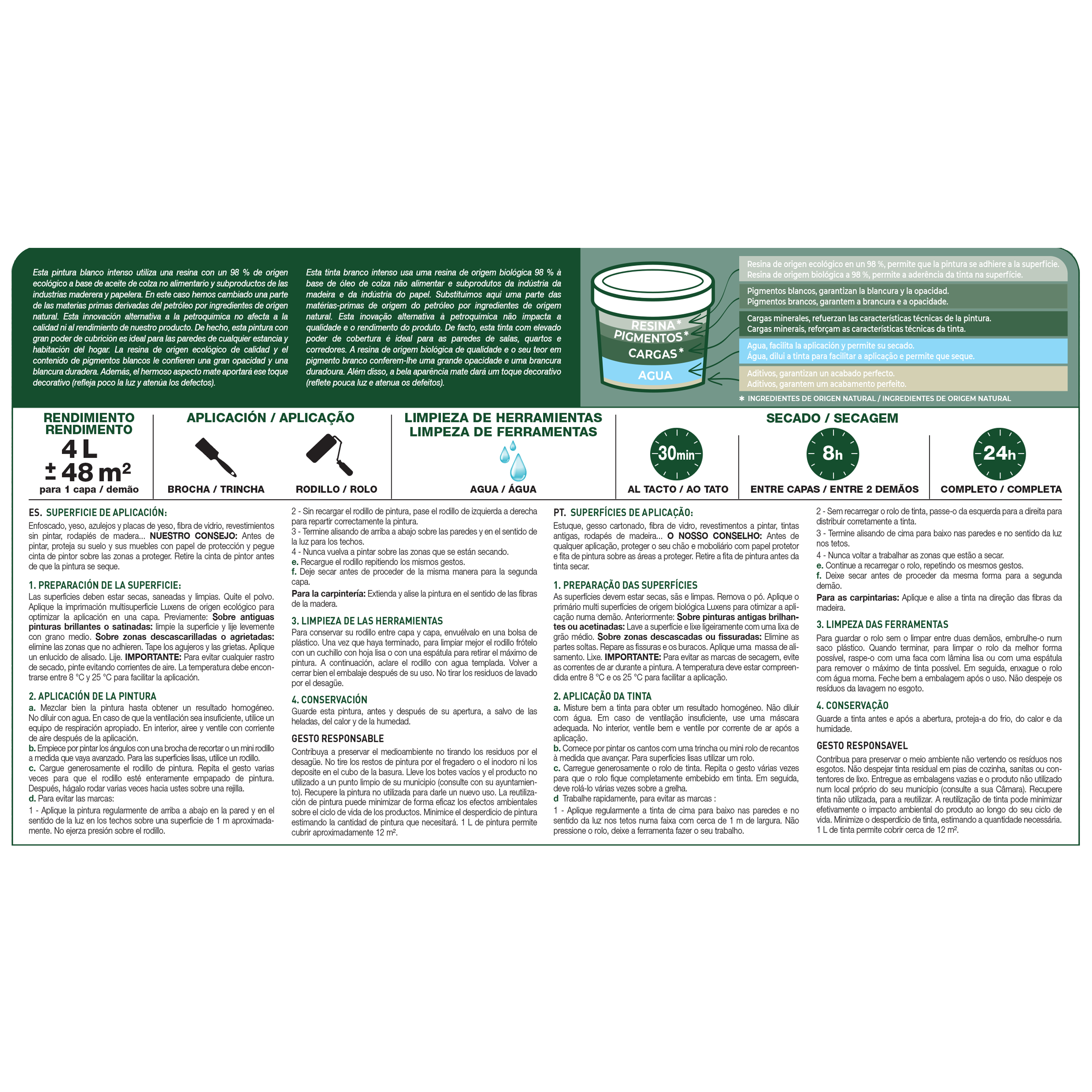 Pintura de interior Biobase Blanca LUXENS color blanco mate 4L para paredes y techos - 13