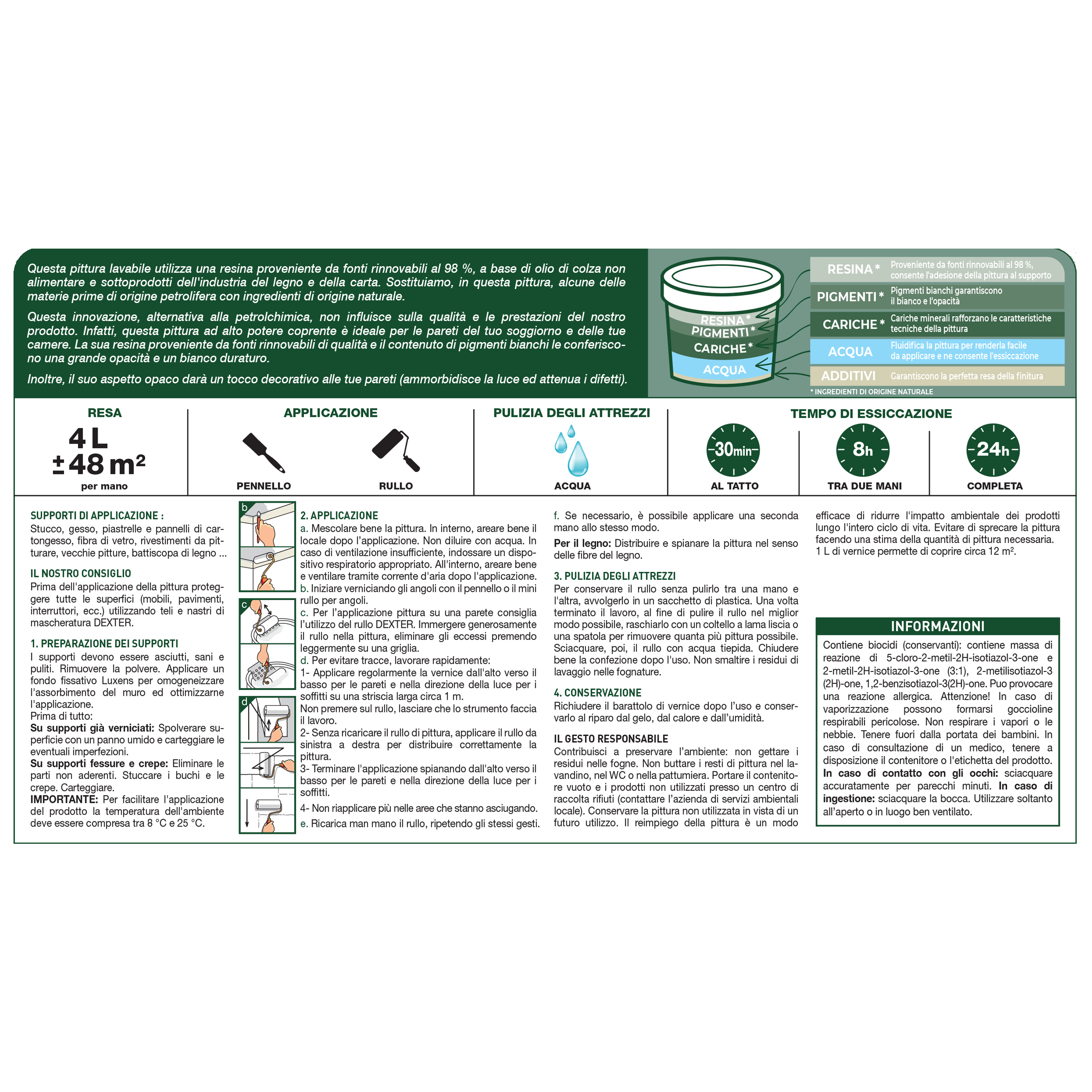 Pittura per interni per parete e soffitto lavabile, LUXENS Biobased bianco opaco, 4 L - 8