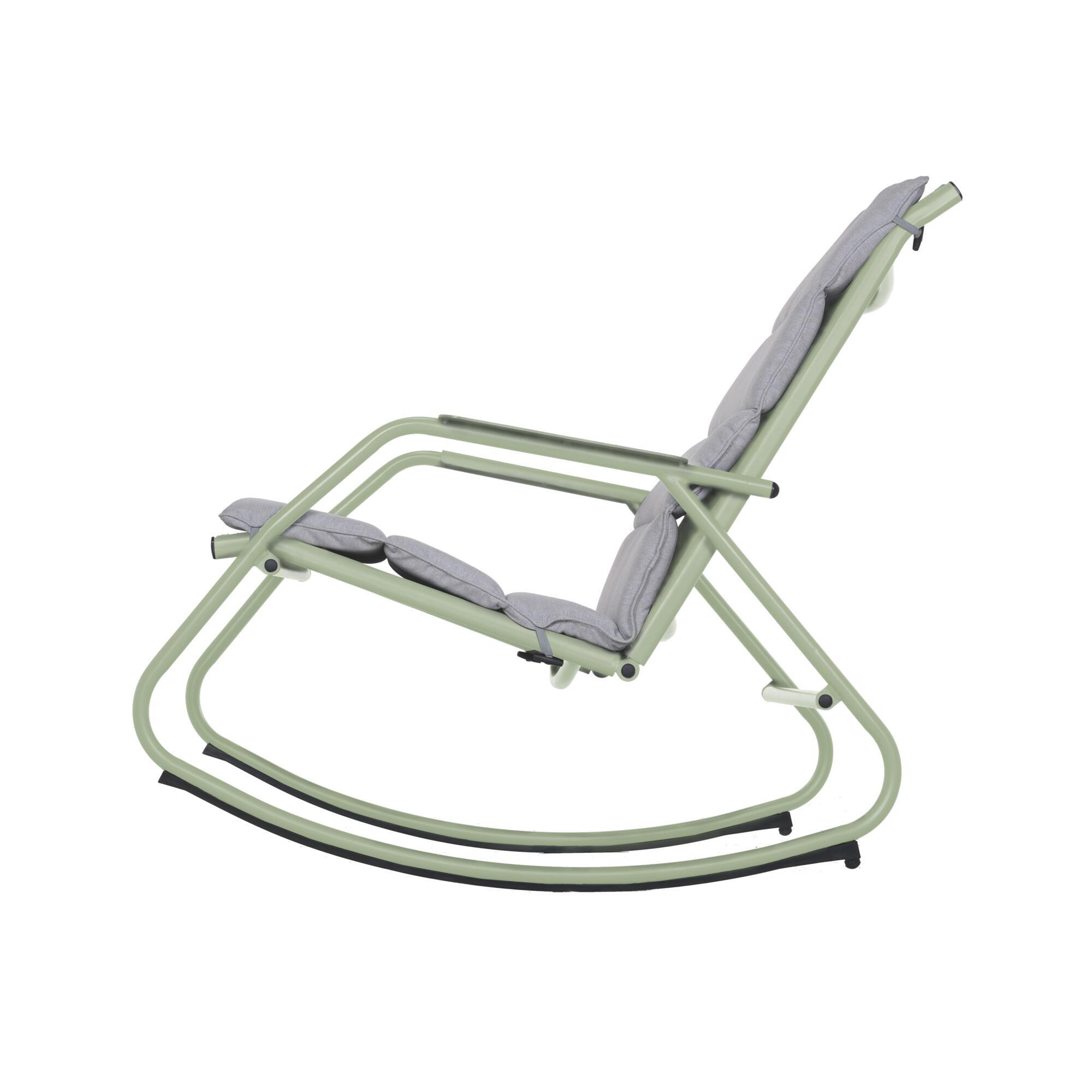 Sedia a dondolo da giardino con cuscino grigio e braccioli Lyco NATERIAL struttura in acciaio, seduta in textilene verde - 7