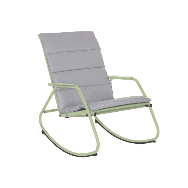 Sedia a dondolo da giardino con cuscino grigio e braccioli Lyco NATERIAL struttura in acciaio, seduta in textilene verde