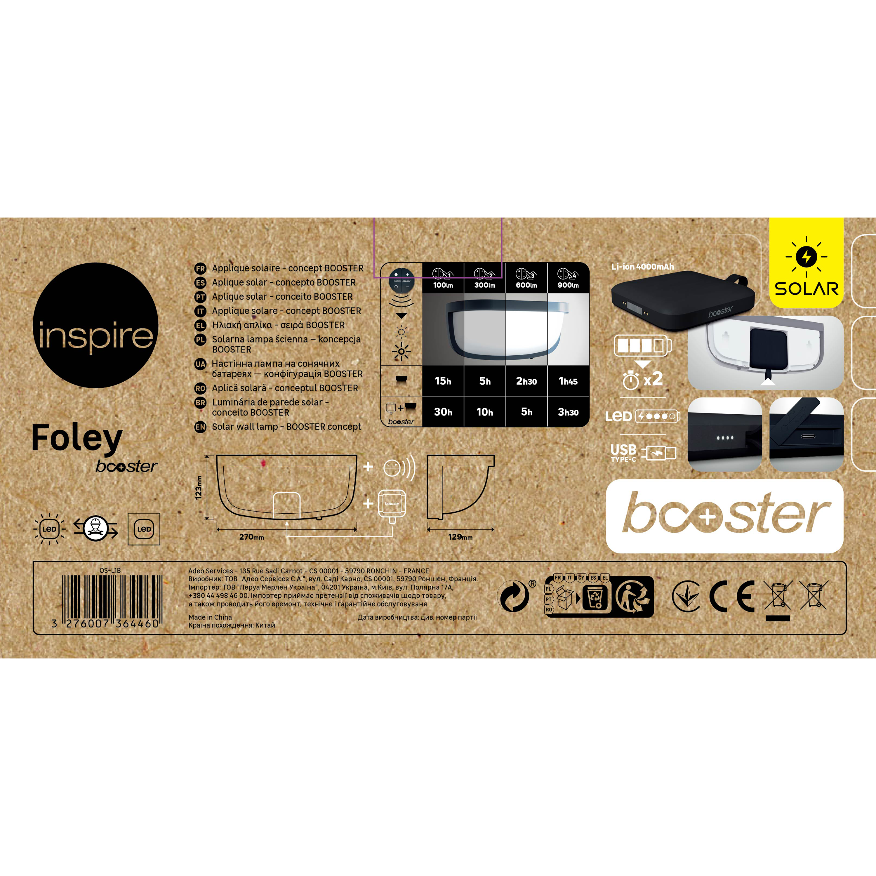 Candeeiro de parede solar 900lm IP44 27X12,3 cm preto Inspire - 11