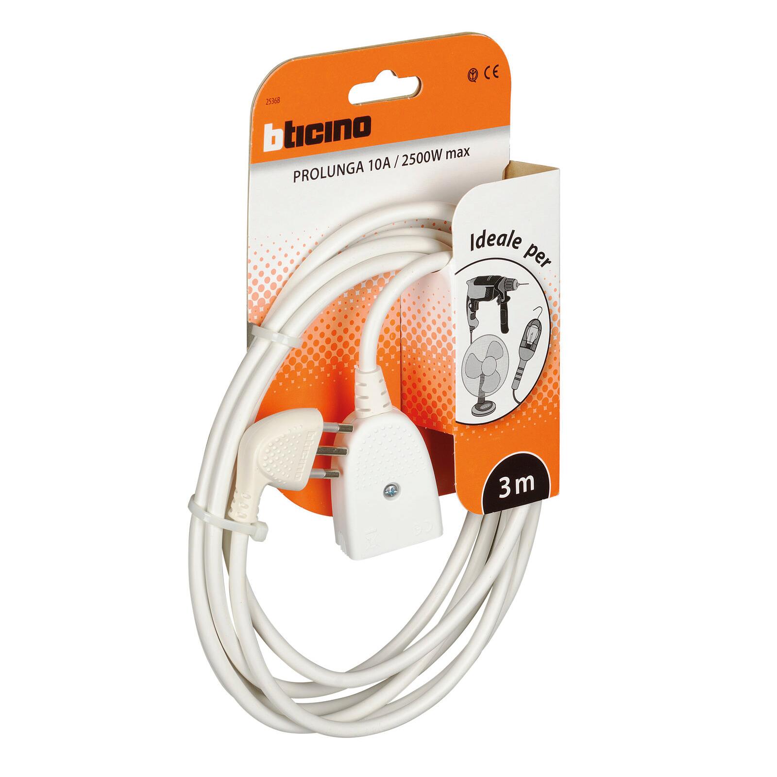 Prolunga elettrica BTICINO 3m bianco H05VV-F, 3G0.75 mm² spina 2P+T 10A, presa 2P+T - 4