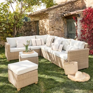 Salon De Jardin 5 Places Hespéride Mooréa - Résine Tressée Anti-Rouille Avec Coussins Déhoussables | Style Savana
