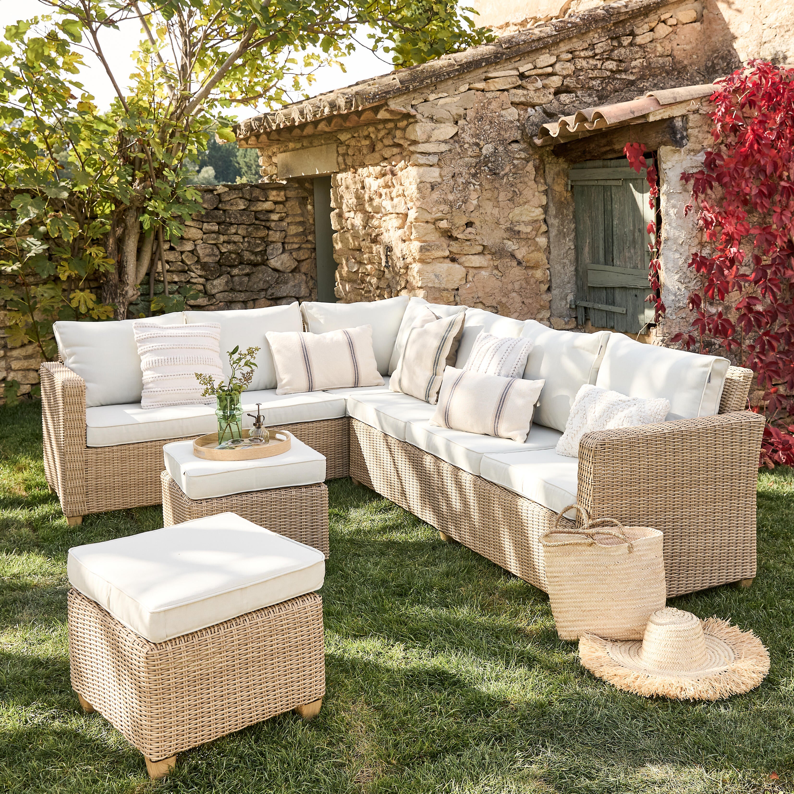 Salotto da giardino angolare per 7 persone beige Medena NATERIAL con cuscini in poliestere bianco - 5