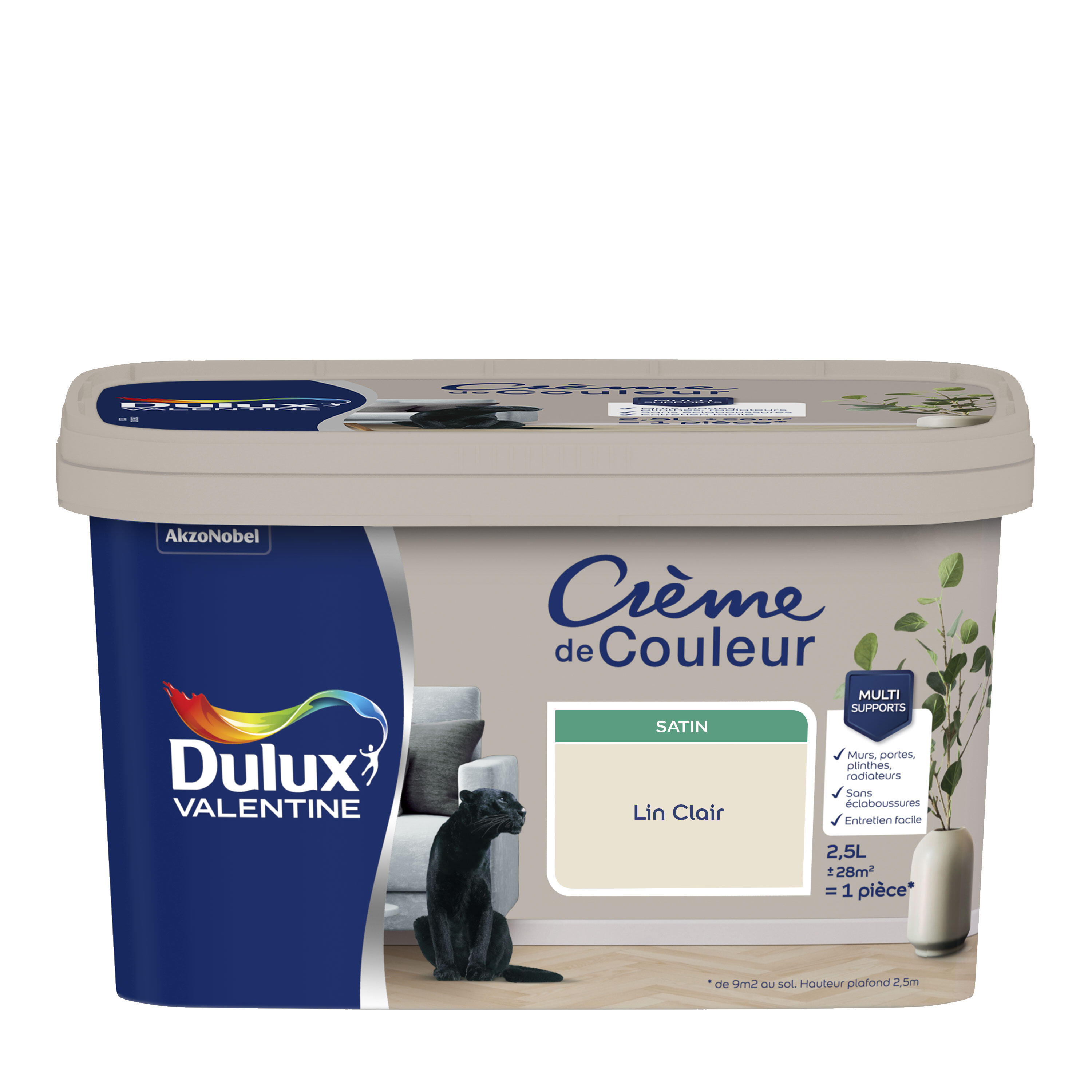 Peinture mur, boiserie lin clair satin DULUX VALENTINE Crème de couleur 2.5L - 8