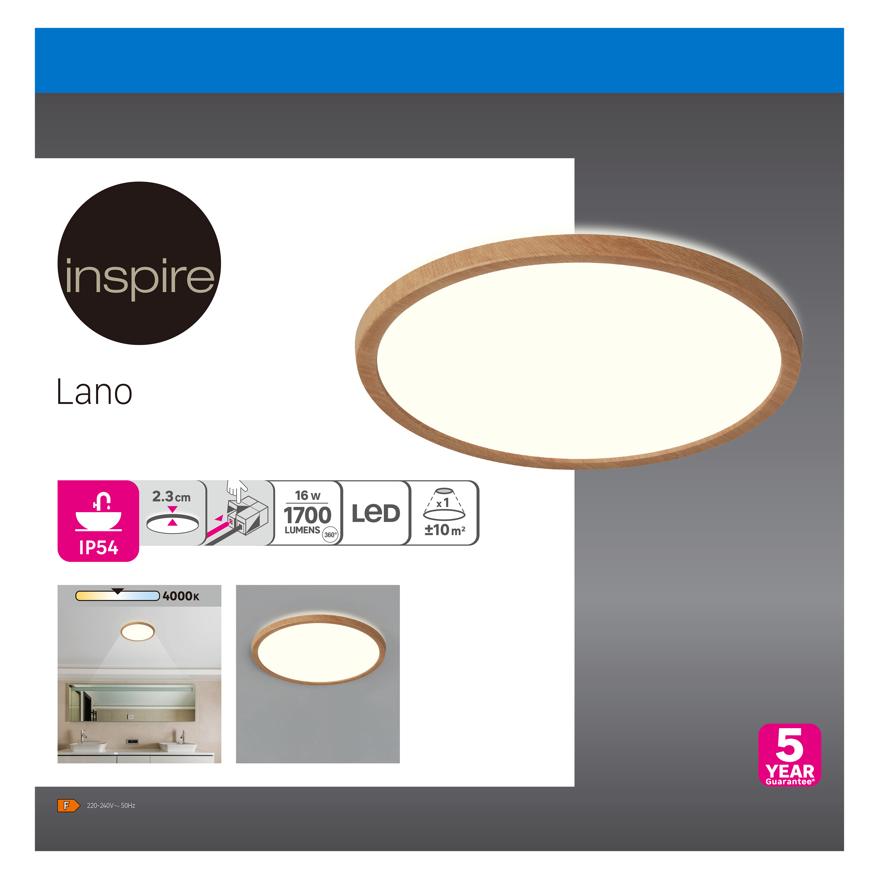 Plafonnier LED salle de bain Lano, D.29.4 cm 1700 lm blanc neutre, bois Inspire - 4