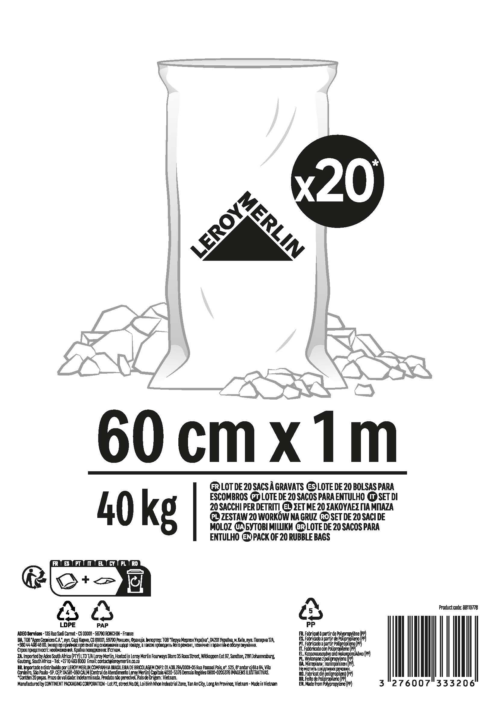 Sac à gravats lot de 20 sacs à gravats H.100 x l.60 cm x Ep.120 µm blanc - 2