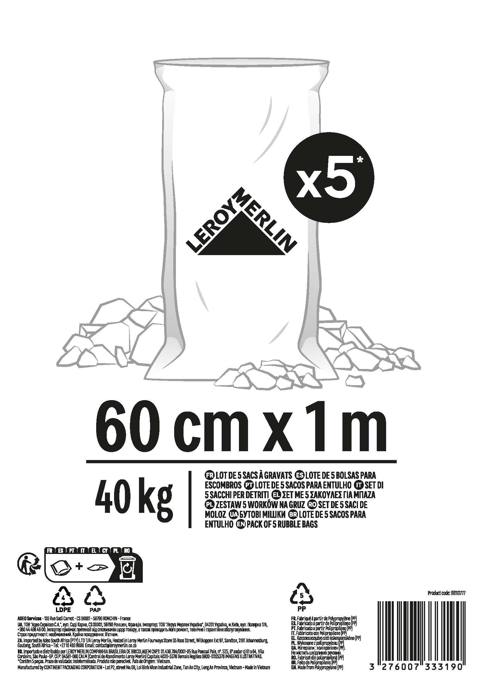 Lot de 5 sacs à gravats H.100 x l.60 cm x Ep.120µm blanc - 2