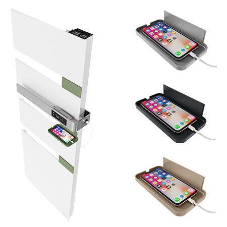 Découvrir la gamme d'accessoires malins pour sèche-serviettes électrique SAUTER Alutu et Alutu music des tuiles décoratives pour personnaliser votre sèche-serviettes et des porte-smartphone