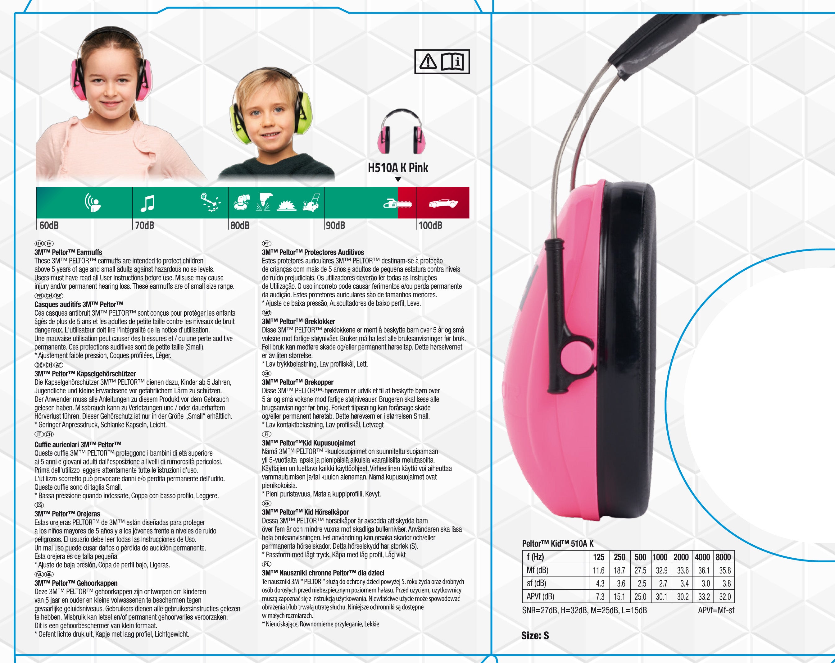 Casque antibruit snr 27 db Peltor pour enfant rose 3M 87-98db - 6