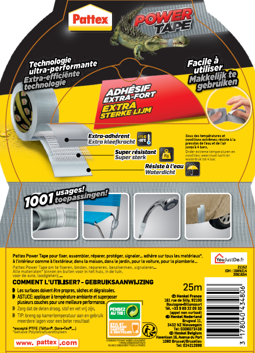 Ruban adhésif de PATTEX Power tape, face unique L.25 m x l.51 mm gris - 9
