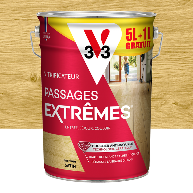 Vitrificateur parquet Passages extrêmes V33, incolore satiné 5L+1L gratuit