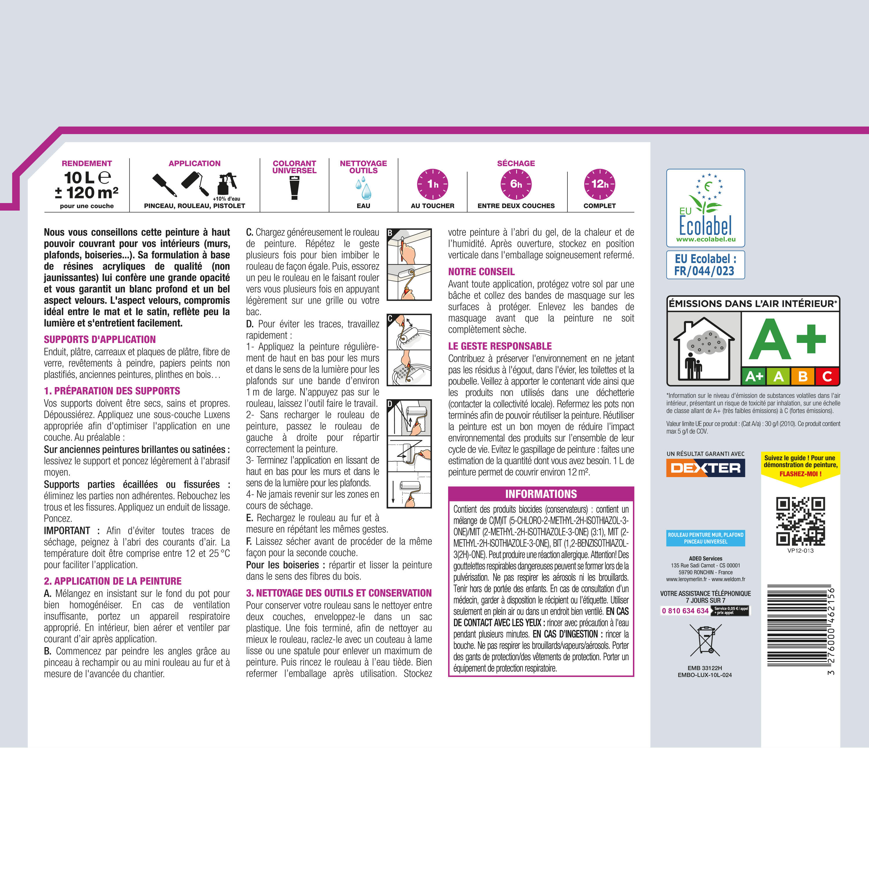 Peinture mur, plafond, boiserie blanc velours LUXENS Couvrant 10L - 2