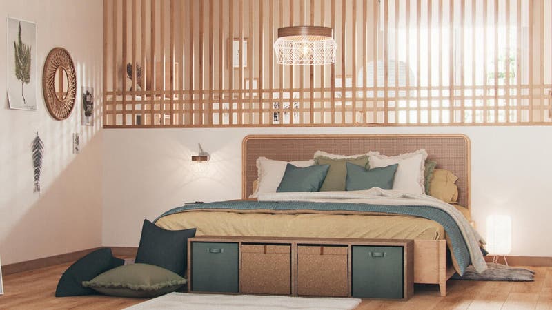 Dormitorio minimalista y zen con muebles de madera y luces led on