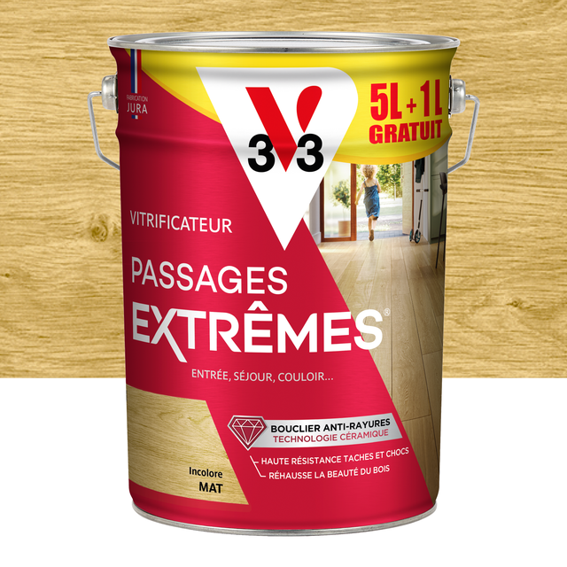 Vitrificateur parquet Passages extrêmes V33, incolore mat 5L+1L gratuit