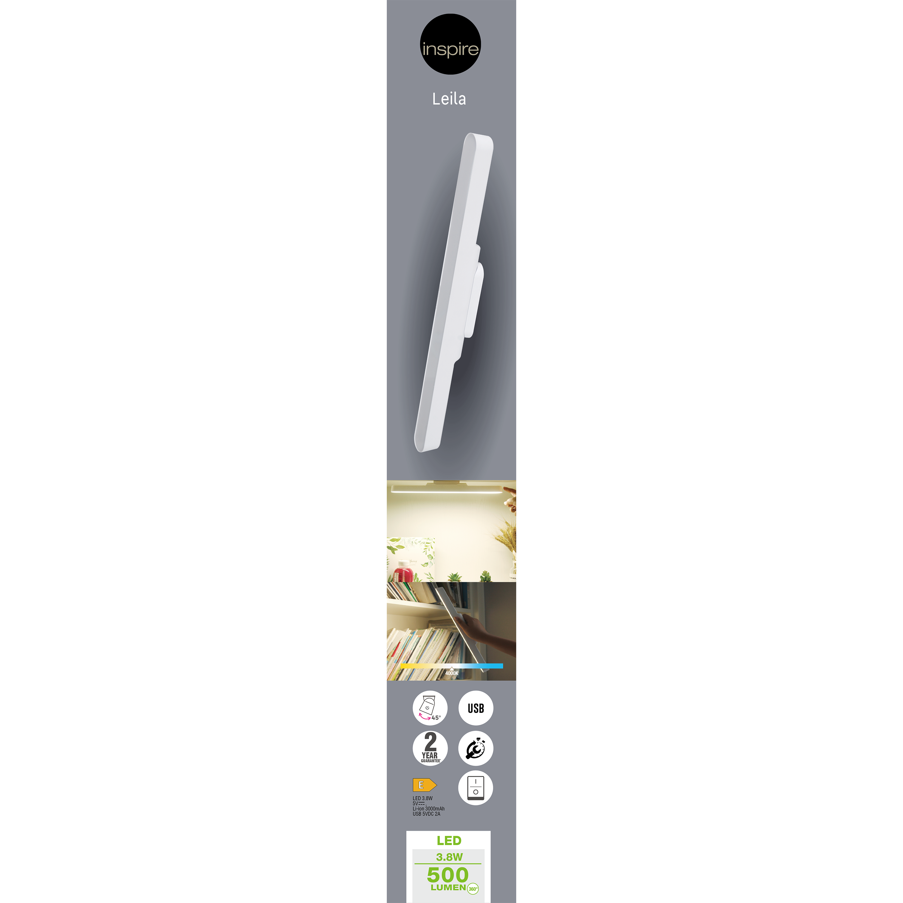 Réglette LED rechargeable USB, L.40 cm, orientable, blanc INSPIRE Leila - 8