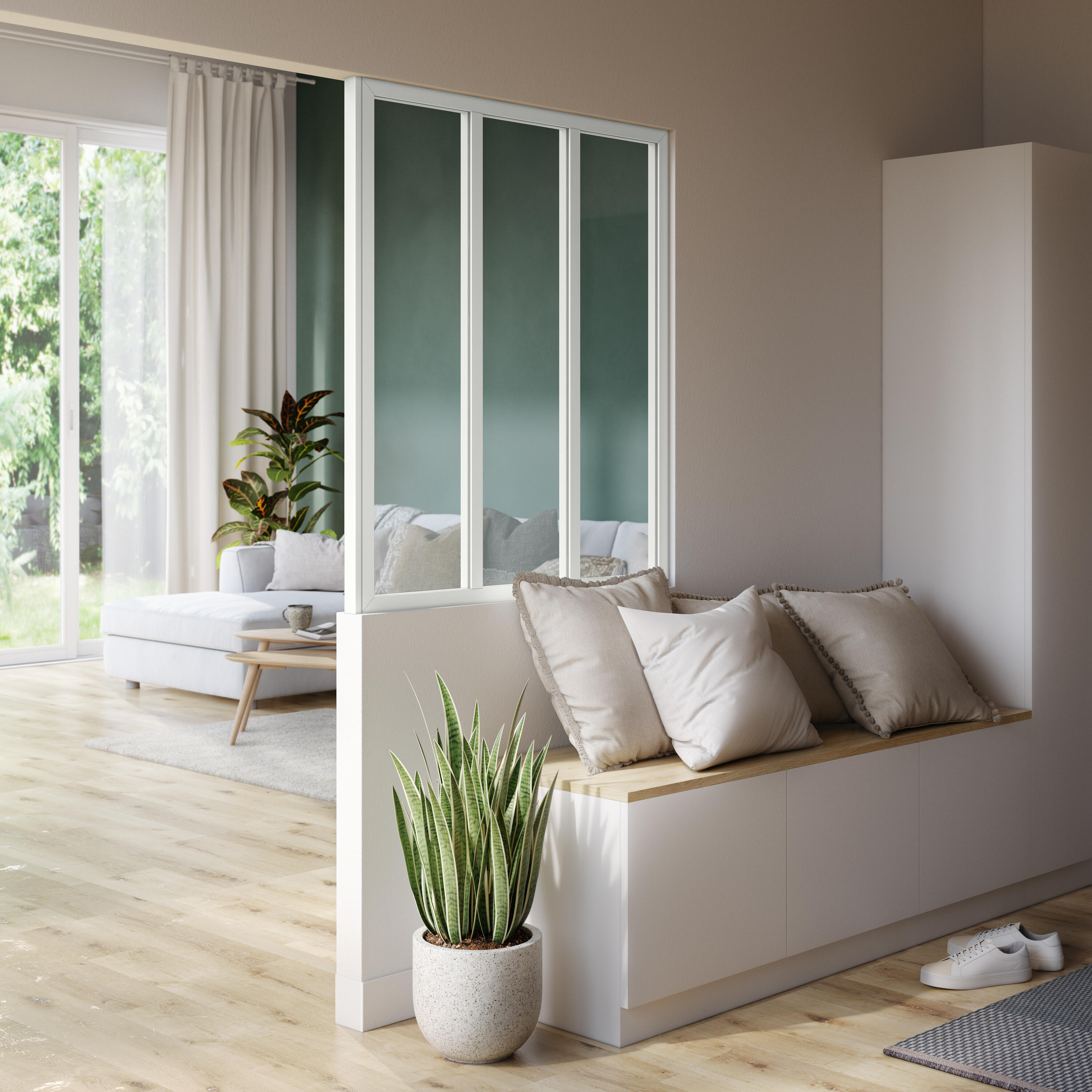 Verrière Atelier fixe en aluminium blanc mat 5 carreaux, H.108 x l.153 cm - 4