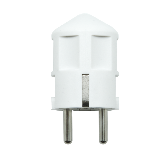 Fiche électrique mâle 2 pôles + terre, connexion sur le côté, 16 A, blanc