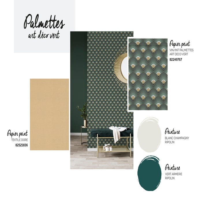 Papier peint et peinture : l’inimitable style Art déco.
Créer une ambiance Art déco à la maison ? On associe le papier peint aux palmes dorées caractéristiques à une palette de peinture qui joue sur les verts profonds. Ambiance chic et raffinée à la clé.
