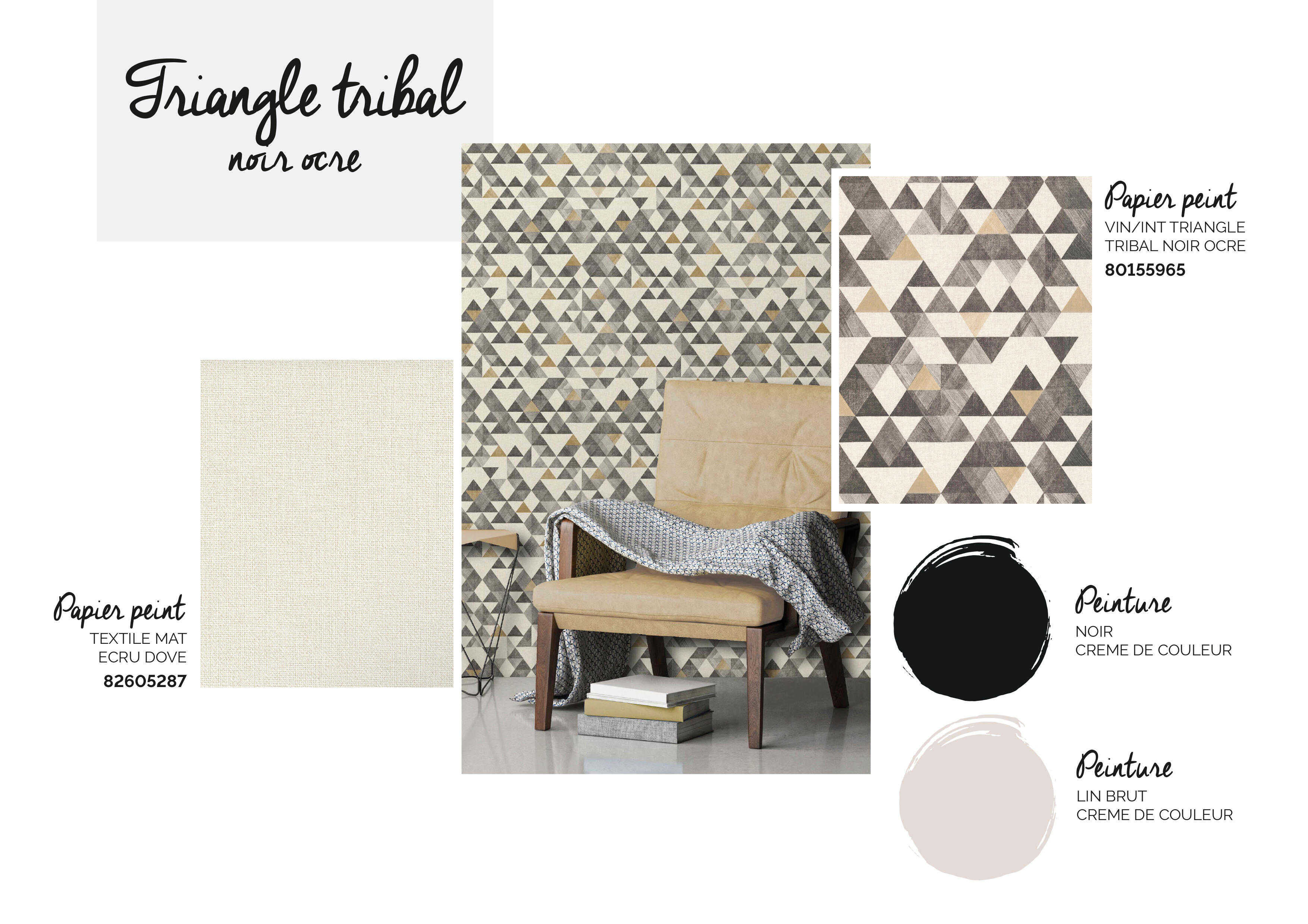 Ce papier peint aux motifs géométriques noirs et naturels réussit la prouesse de créer un style à la fois bohème et contemporain. On l’associe avec du noir pour la modernité, de la peinture lin ou écru pour la douceur. - 1