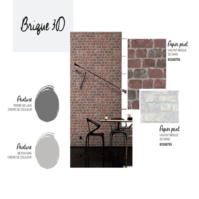 Un salon de style industriel ? On marie le papier peint trompe-l’œil qui imite la brique à la perfection avec la peinture et ses variations de gris qui rappellent le béton : deux ingrédients iconiques de ce style urbain