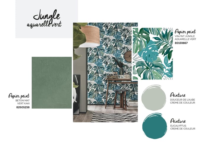 Sur ce papier peint végétal, les feuilles XXL s’entremêlent comme peintes à l’aquarelle pour créer une ambiance naturelle rafraîchissante. Avec quelle peinture l’associer ? Du vert tendance : pastel, kaki, eucalyptus
