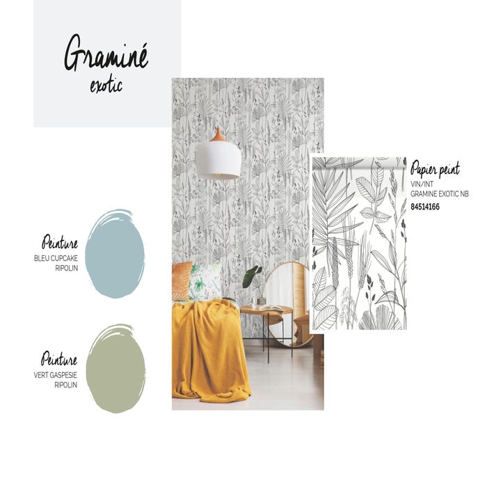 Papier peint et peinture : tout en délicatesse.
Ce papier peint aux motifs si discrets est idéal pour ceux qui veulent se lancer sans trop oser le 100 % jungle. On végétalise la pièce grâce à la peinture qui le réhausse. Et on la réchauffe tout en délicatesse avec des accessoires déco colorés.
