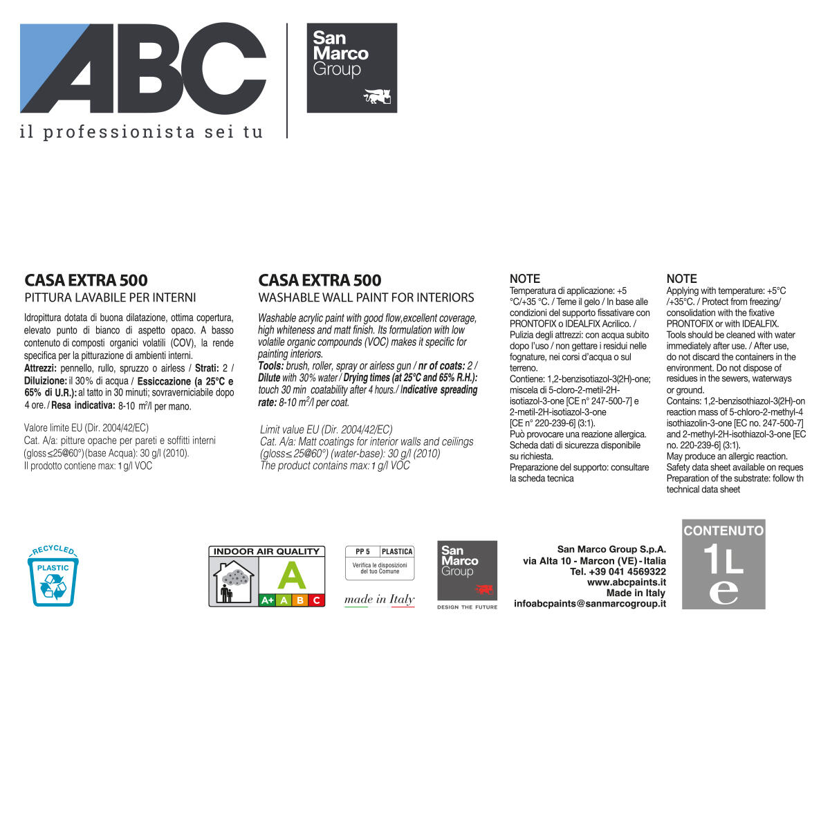 Pittura per interni per parete e soffitto lavabile, ABC Casa Extra 500 SAN MARCO Group bianco opaco, 1 L - 2