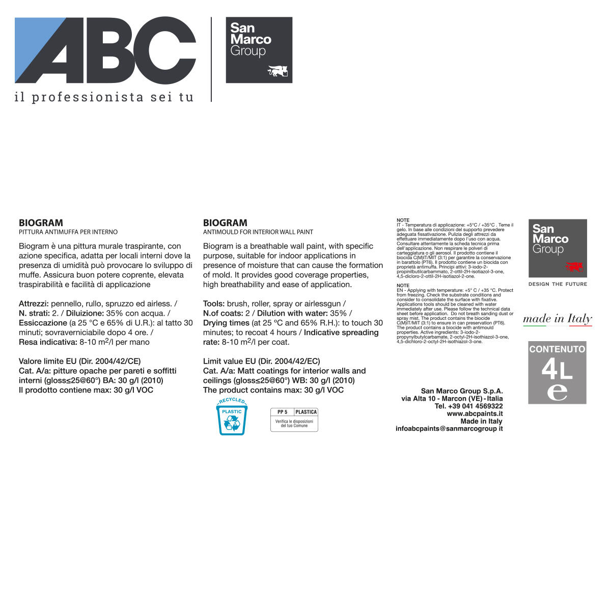 Pittura per interni per parete e soffitto antimuffa, ABC Biogram SAN MARCO Group bianco opaco, 4 L - 2