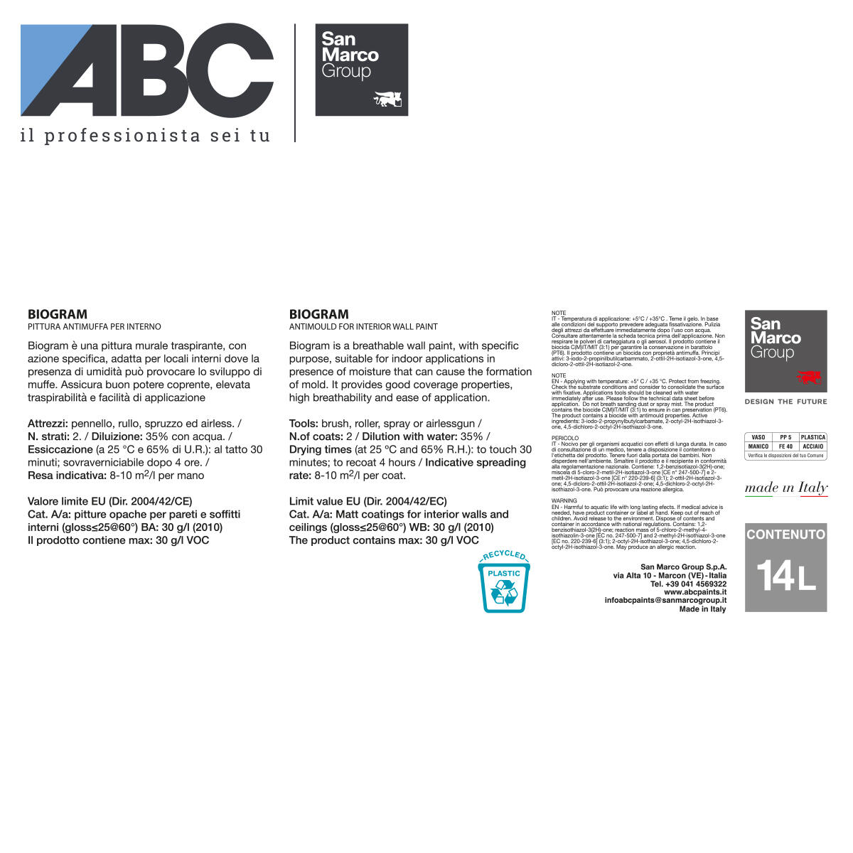 Pittura per interni per parete e soffitto antimuffa, ABC Biogram SAN MARCO Group bianco opaco, 14 L - 2