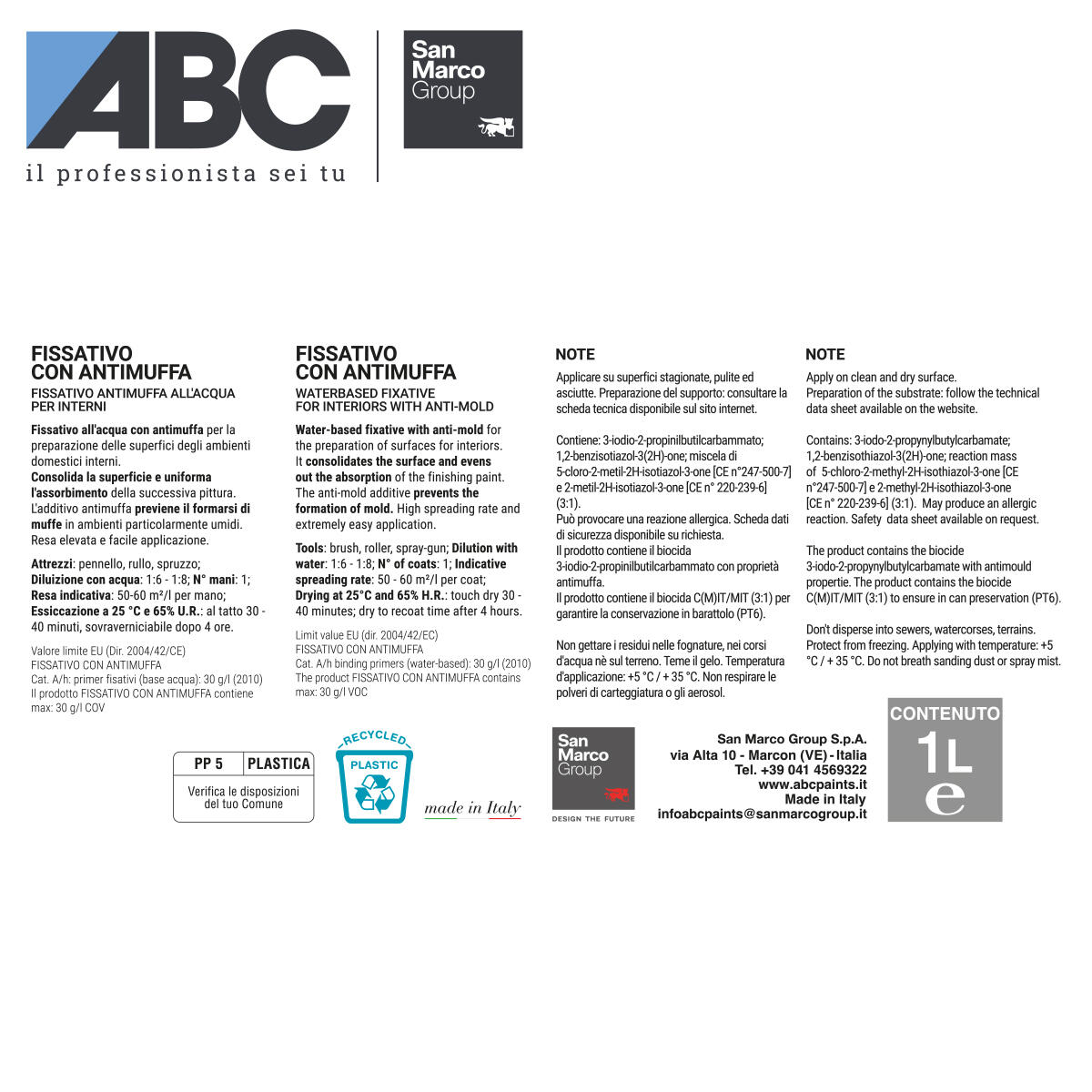 Fissativo per pittura su intonaco di calce cementizia ABC fissativo antimuffa base acqua, antimuffa 1 L - 3