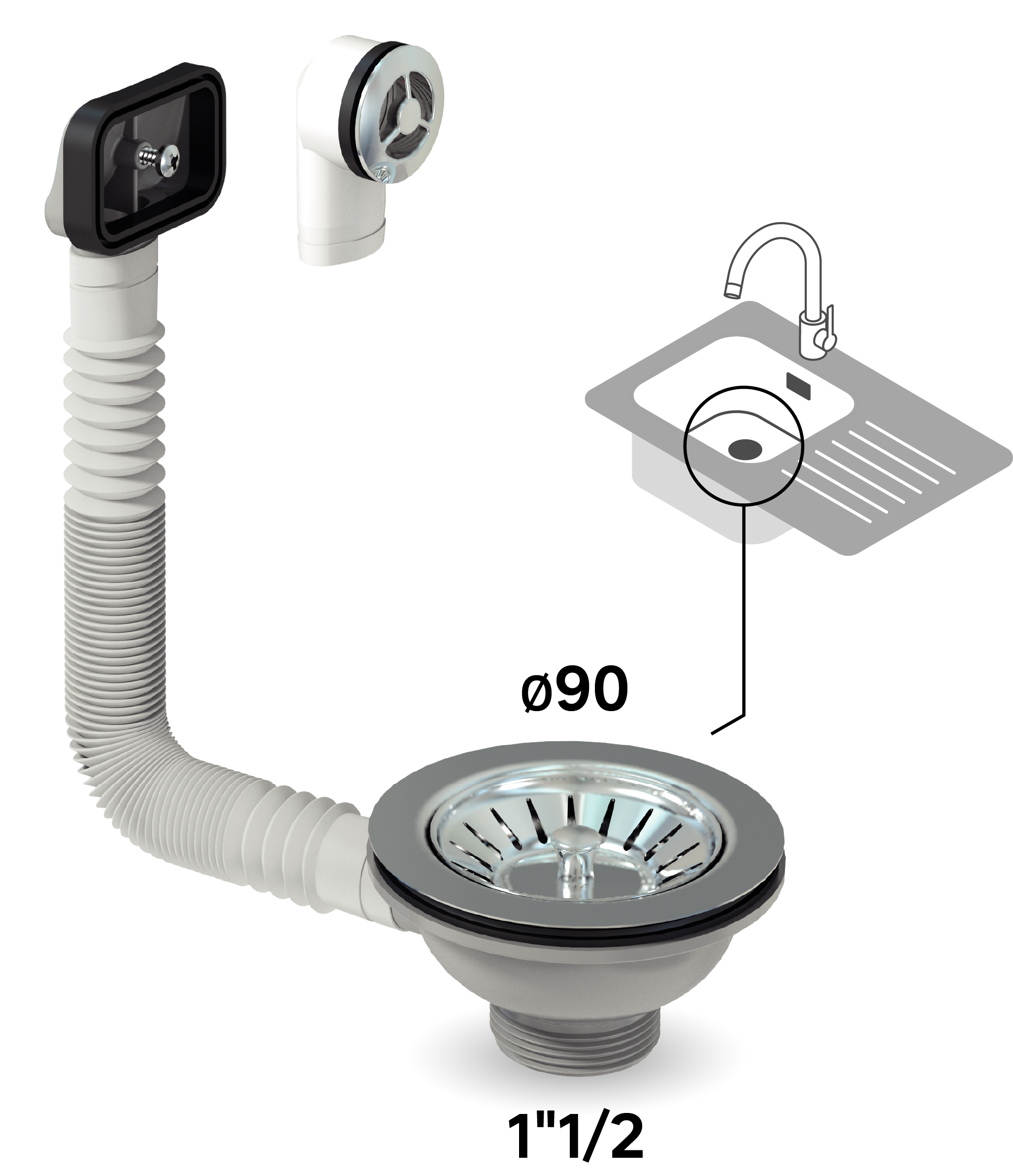 Bonde clic-clac / avec trop-plein pour évier recyclé, gris, Diam.114 mm, EQUATIO - 3