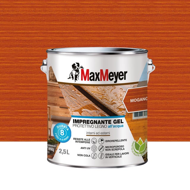 Impregnante per legno da esterno a base acqua MAXMEYER Gel mogano opaco 2.5 lt, 8 anni di protezione.