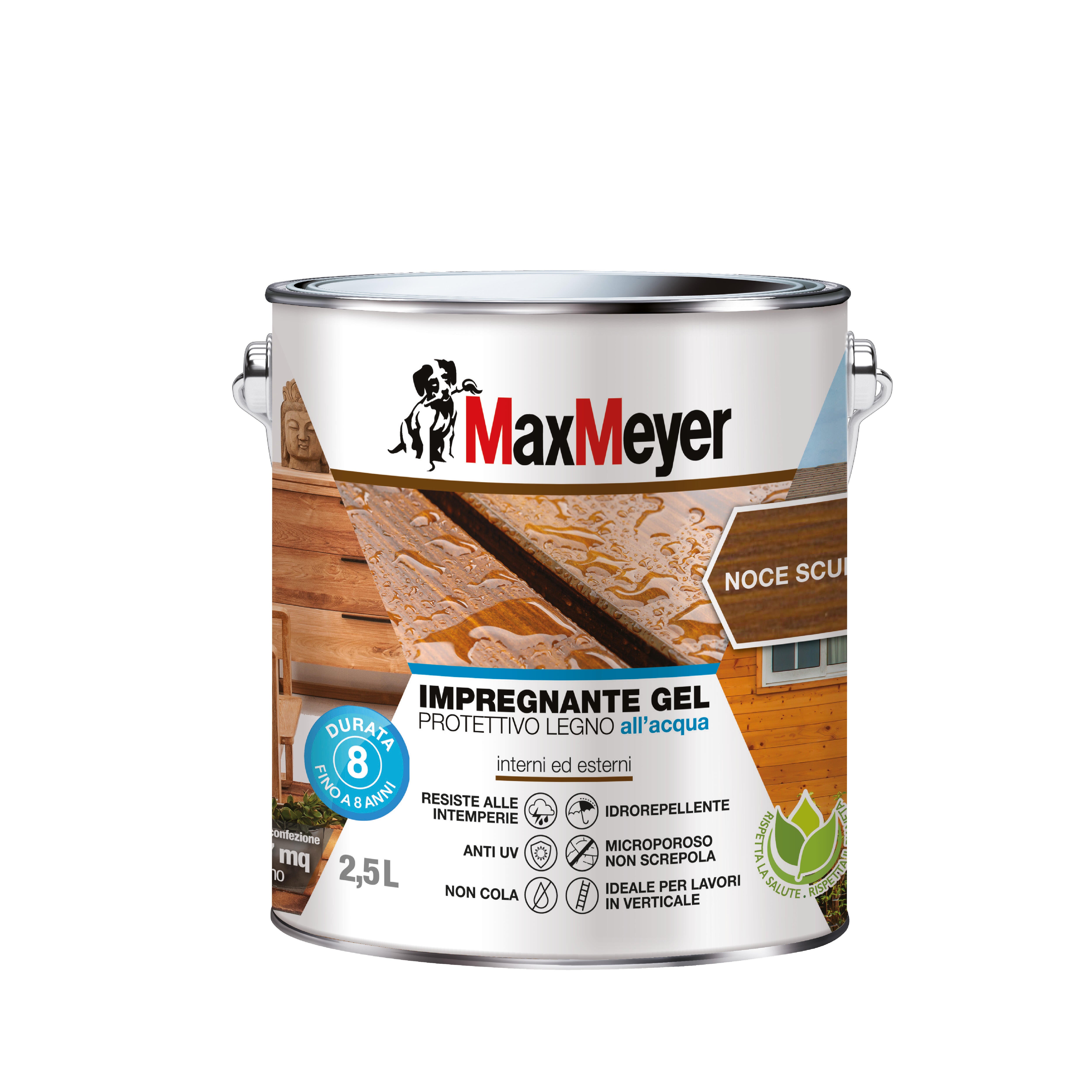 Impregnante per legno da esterno a base acqua MAXMEYER Gel noce scuro opaco 2.5 lt, 8 anni di protezione. - 8