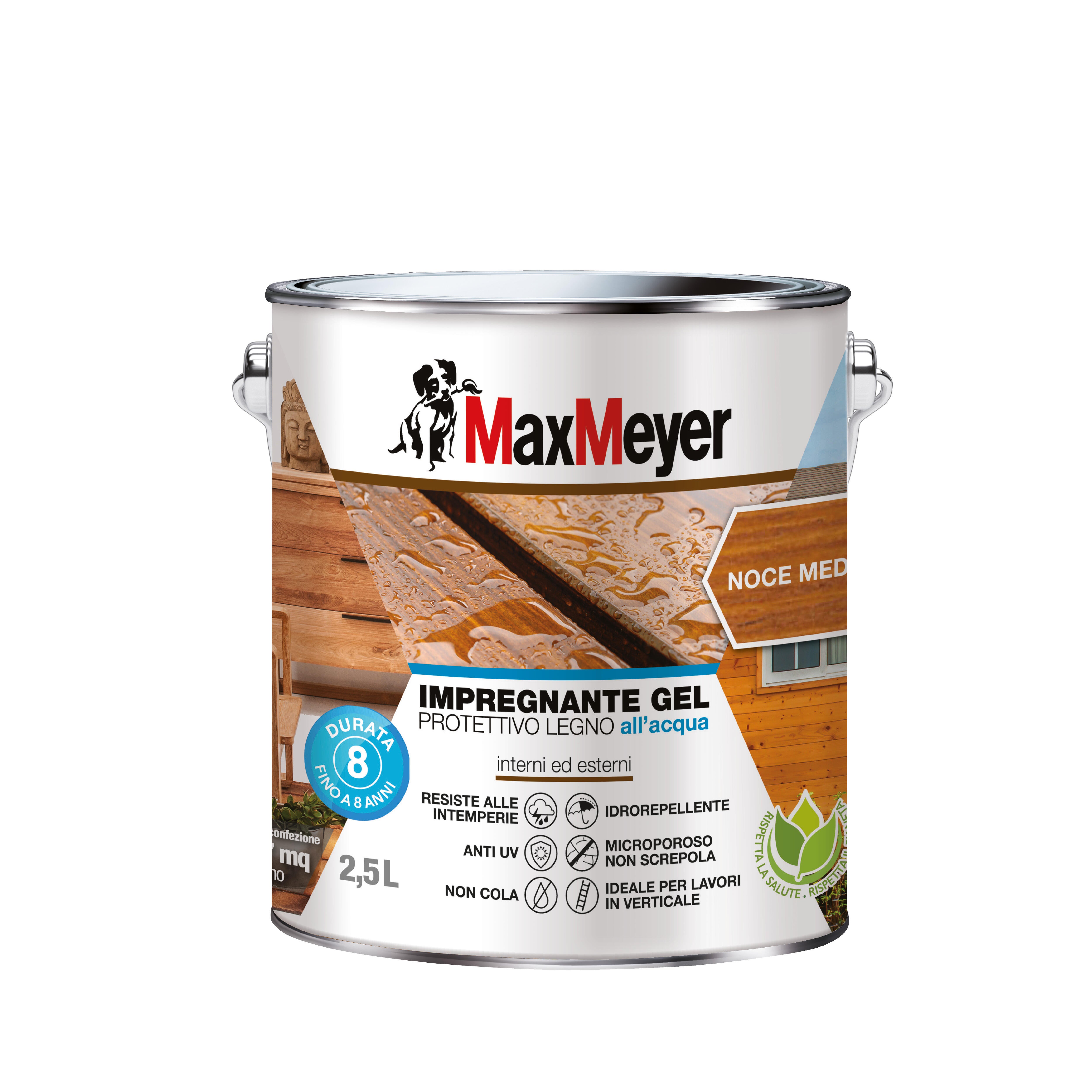 Impregnante per legno da esterno a base acqua MAXMEYER Gel noce medio opaco 2.5 lt, 8 anni di protezione. - 8