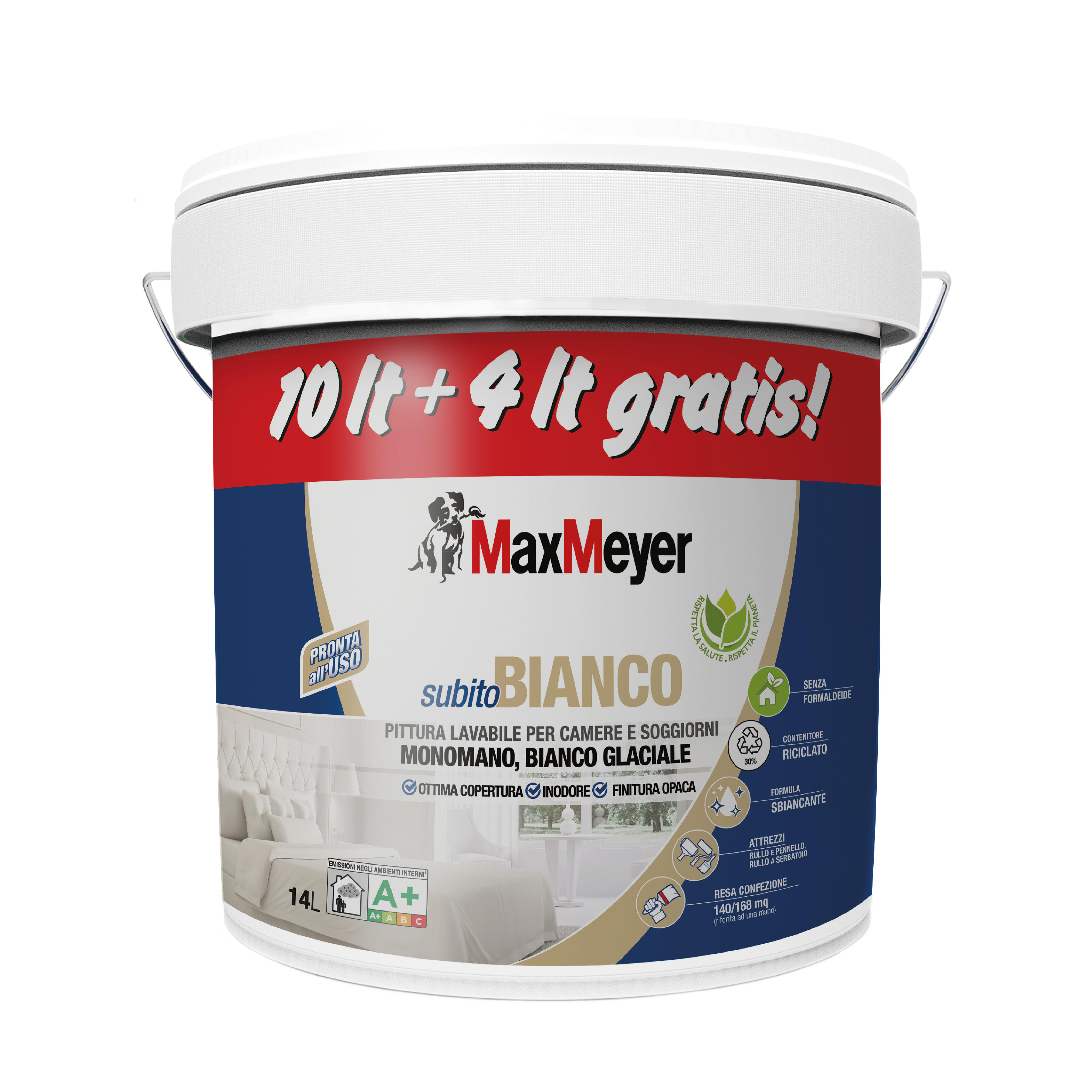Pittura per interni lavabile, MAXMEYER Subito Bianco A+ bianco opaco, 14 L - 5