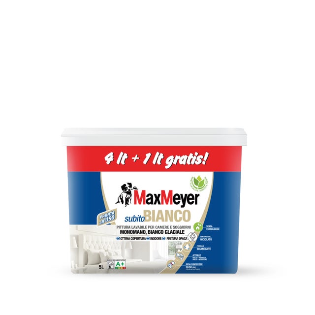 Pittura per interni lavabile, MAXMEYER Subito Bianco A+ bianco opaco, 5 L