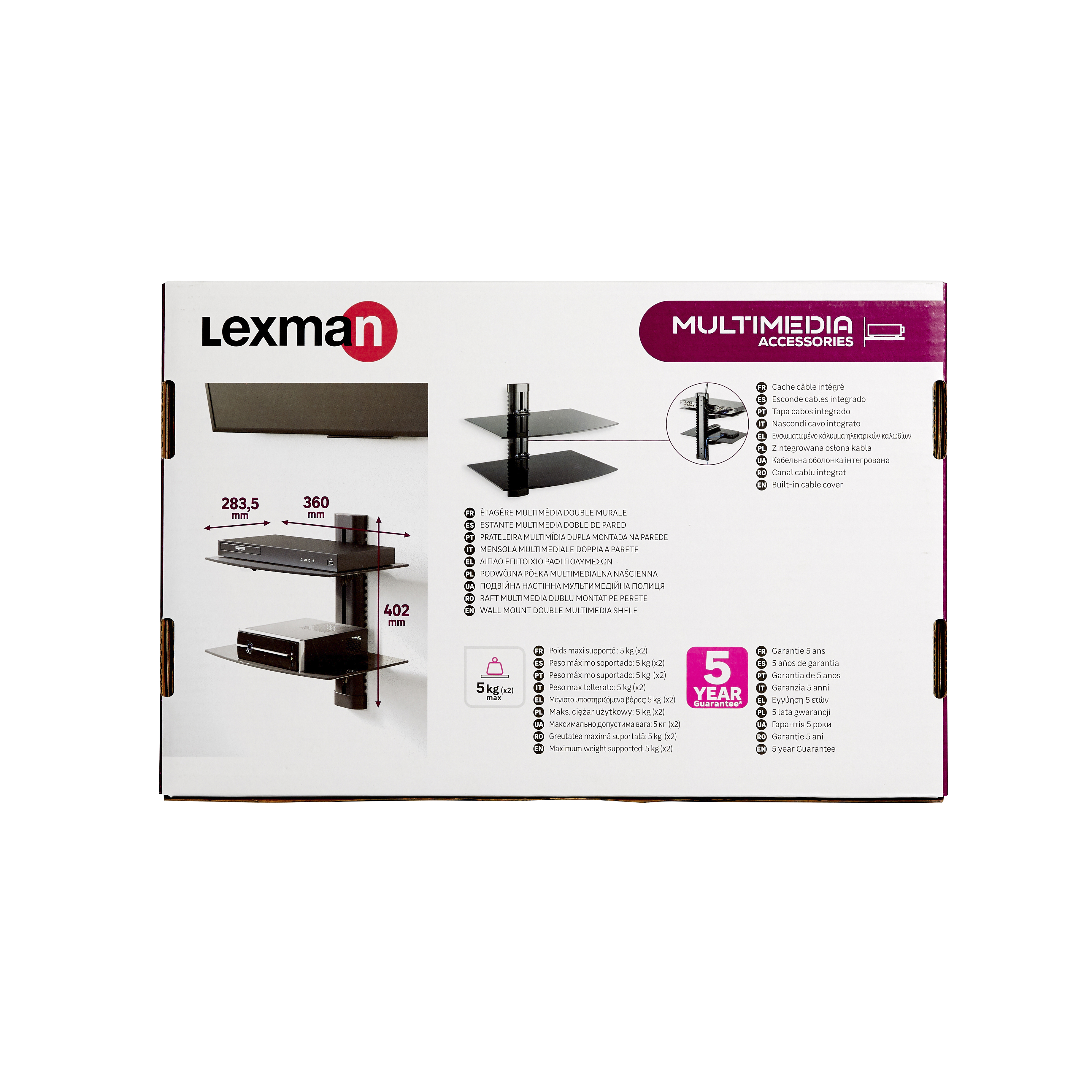 Półka multimedialna 360 x 250 x 5 mm max. obc. 10kg LEXMAN