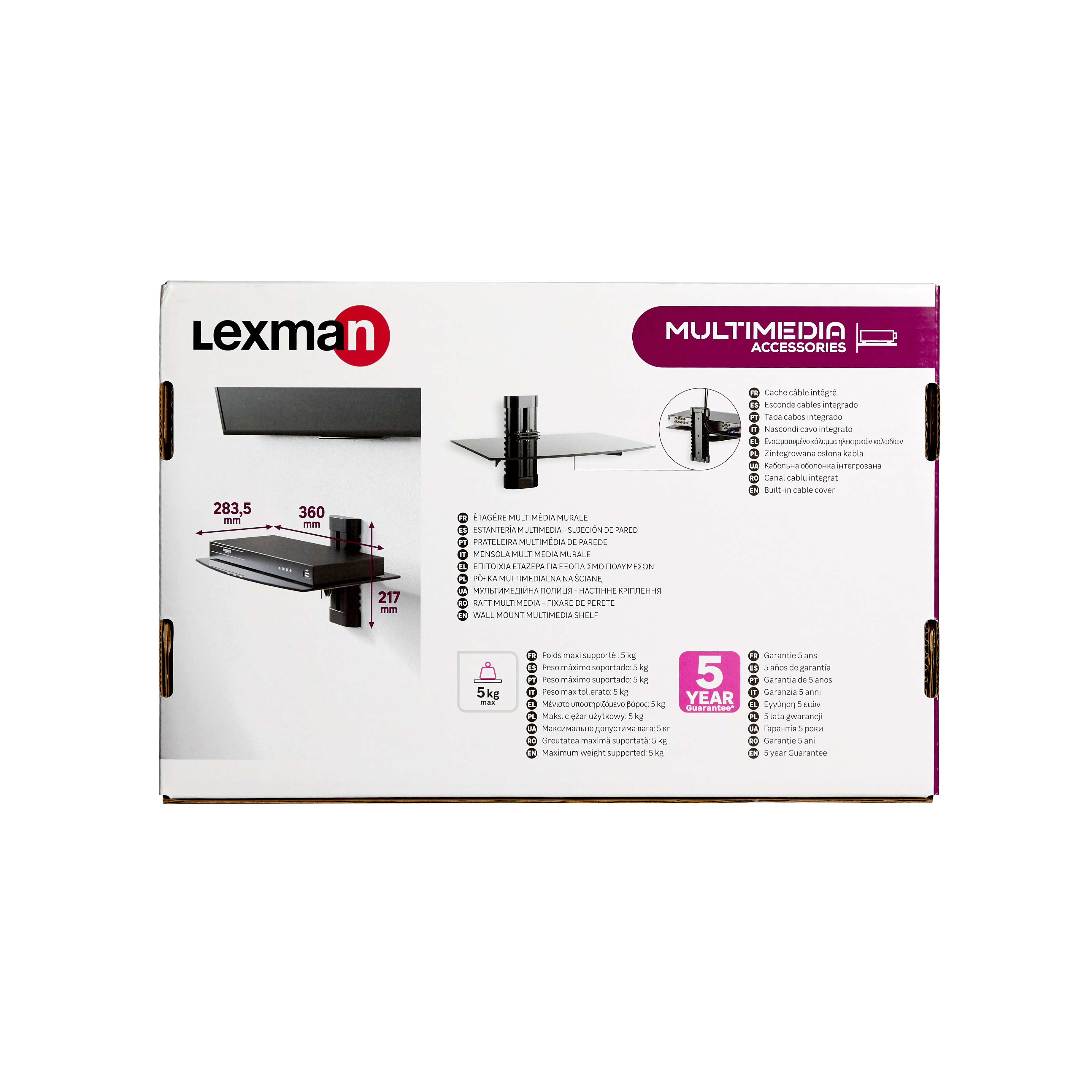 Półka multimedialna 360 x 250 x 5 mm max. obc. 5kg LEXMAN