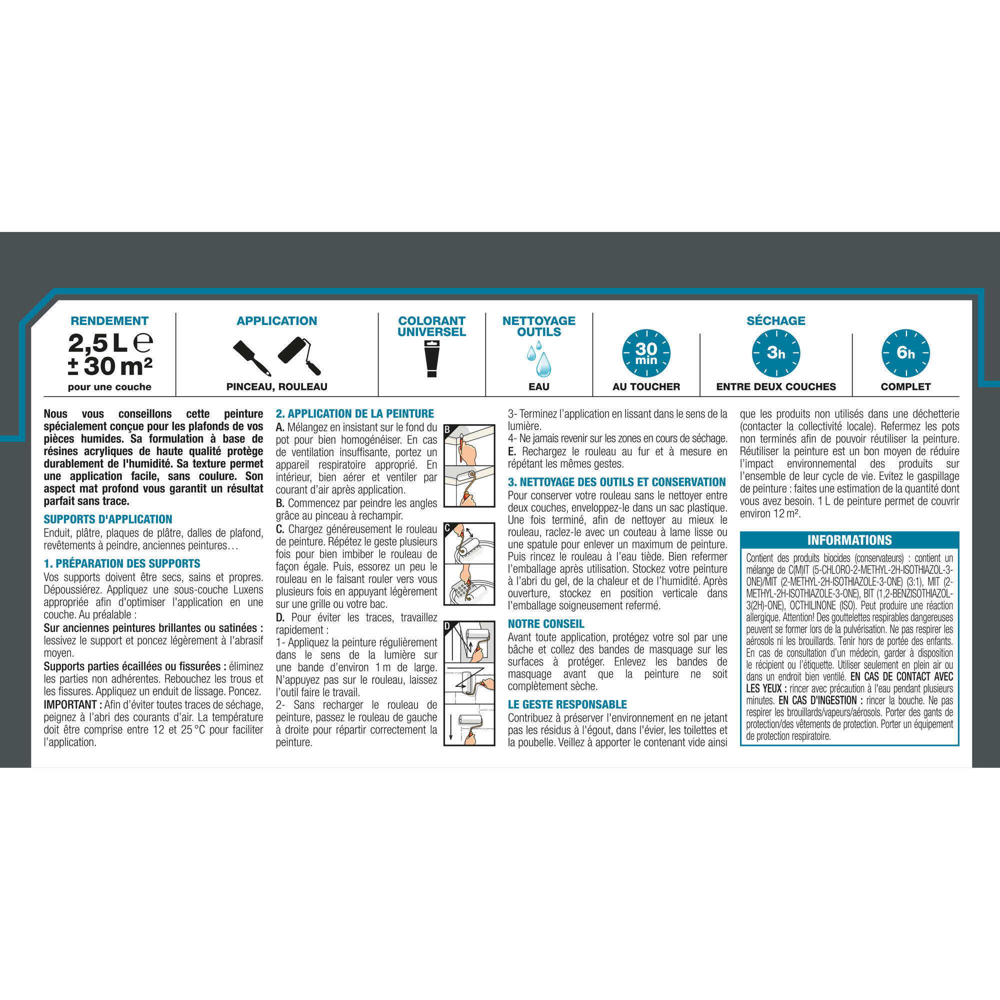 Peinture plafond blanc mat LUXENS Pièces humides 2.5L - 2
