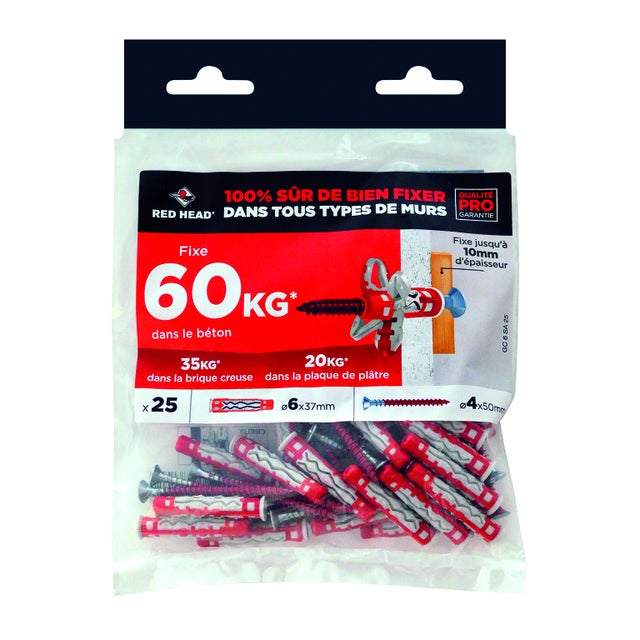 Lot de 25 Cheville murale mx gamme couleur RED HEAD, Ø6 x L.37 mm